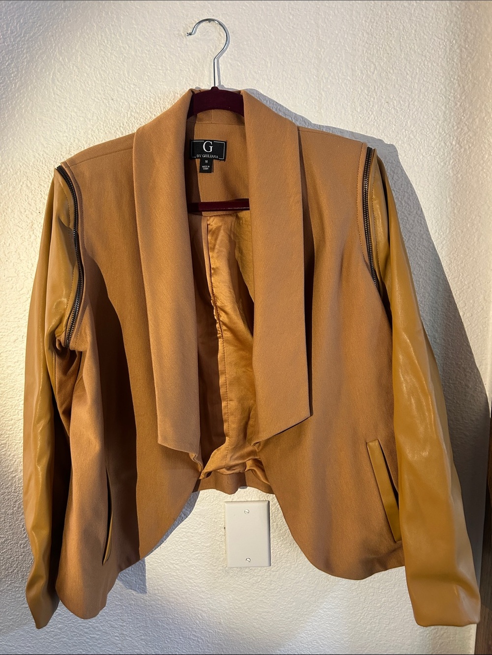 G by Giuliana Tan Camel Cropped Blazer with Faux-Leather Sleeves